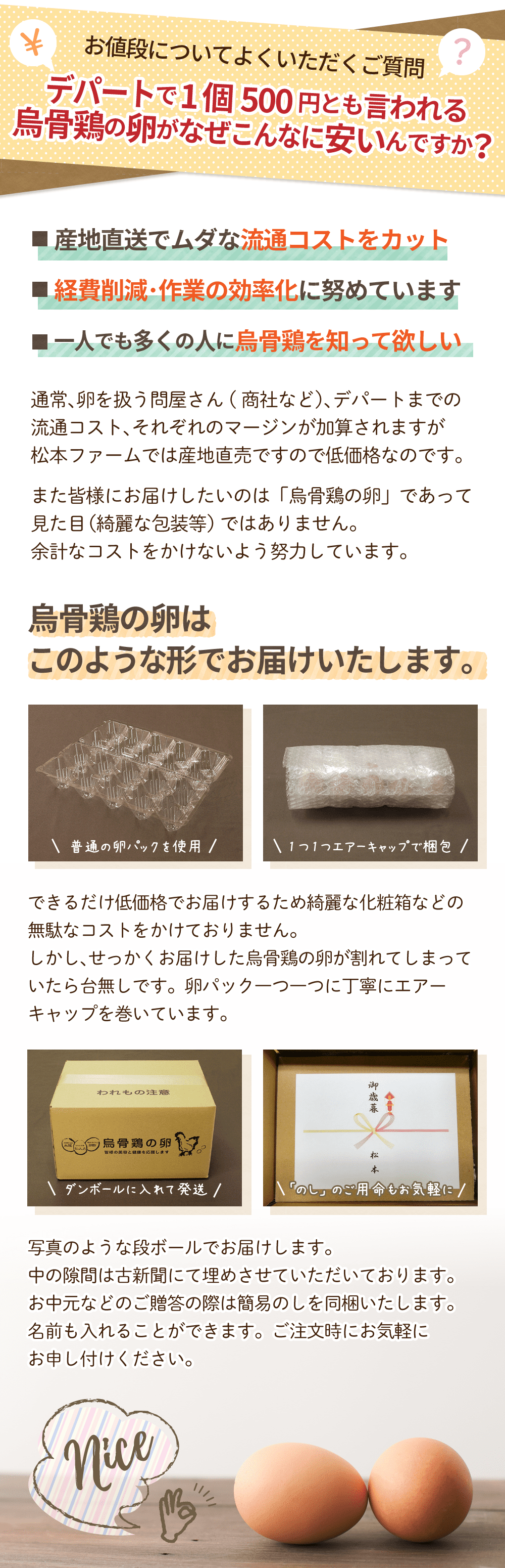 お値段についてよくいただくご質問。デパートで1個500円とも言われる烏骨鶏の卵がなぜこんなに安いんですか？・産地直送でムダな流通コストをカット。・経費削減・作業の効率化に努めています。・一人でも多くの人に烏骨鶏を知って欲しい。通常、卵を扱う問屋さん（商社など）、デパートまでの流通コスト、それぞれのマージンが加算されますが、松本ファームでは産地直売ですので低価格なのです。また皆様にお届けしたいのは「烏骨鶏の卵」であって見た目（綺麗な包装等）ではありません。余計なコストをかけないよう努力しています。烏骨鶏の卵はこのような形でお届けいたします。普通の卵パックを使用。1つ1つエアーキャップで梱包。できるだけ低価格でお届けするため綺麗な化粧箱などの無駄なコストをかけておりません。しかし、せっかくお届けした烏骨鶏の卵が割れてしまっていたら台無しです。卵パック一つ一つに丁寧にエアーキャップを巻いています。。ダンボールに入れて発送。「のし」のご用命もお気軽に。写真のような段ボールでお届けします。中の隙間は古新聞にて埋めさせていただいております。お中元などのご贈答の際には簡易のしを同梱いたします。名前も入れることができます。ご注文時にお気軽にお申し付けください。